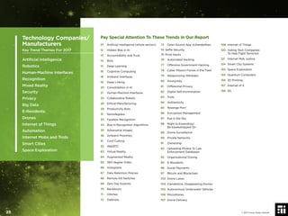 Pay Special Attention To These Trends In Our Report
01 Artiﬁcial Intelligence (whole section)
12 Hidden Bias in AI
13 Accountability and Trust
14 Bots
15 Deep Learning
16 Cognitive Computing
18 Ambient Interfaces
19 Deep Linking
20 Consolidation in AI
21 Human-Machine Interfaces
25 Collaborative Robots
26 Ethical Manufacturing
29 Productivity Bots
31 Nanodegrees
33 Faceless Recognition
34 Bias in Recognition Algorithms
35 Adversarial Images
36 Ambient Proximity
51 Cord Cutting
52 WebRTC
63 Virtual Reality
64 Augmented Reality
65 360-degree Video
66 Holograms
67 Data Retention Policies
68 Remote Kill Switches
69 Zero Day Exploits
70 Backdoors
71 Glitches
72 Darknets
73 Open Source App Vulnerabilities
74 Selﬁe Security
75 Prize Hacks
76 Automated Hacking
77 Offensive Government Hacking
78 Cyber Mission Forces in the Field
79 Weaponizing Wikileaks
80 Anonymity
81 Differential Privacy
82 Digital Self-Incrimination
83 Trolls
84 Authenticity
85 Revenge Porn
86 Encryption Management
87 Eye in the Sky
88 Right to Eavesdrop/
Be Eavesdropped On
89 Drone Surveillance
90 Private Networks
91 Ownership
92 Uploading Photos To Law
Enforcement Databases
93 Organizational Doxing
95 E-Residents
96 Social Payments
97 Bitcoin and Blockchain
103 Drone Lanes
104 Clandestine, Disappearing Drones
105 Autonomous Underwater Vehicles
106 Microdrones
107 Drone Delivery
108 Internet of Things
120 Asking Tech Companies
To Help Fight Terrorism
121 Internet Mob Justice
124 Smart City Systems
153 Space Exploration
155 Quantum Computers
156 3D Printing
157 Internet of X
158 5G
Technology Companies/
Manufacturers
Key Trend Themes For 2017
Artiﬁcial Intelligence
Robotics
Human-Machine Interfaces
Recognition
Mixed Reality
Security
Privacy
Big Data
E-Residents
Drones
Internet of Things
Automation
Internet Mobs and Trolls
Smart Cities
Space Exploration
© 2017 Future Today Institute25
 