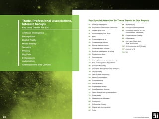 Pay Special Attention To These Trends In Our Report
01 Artiﬁcial Intelligence
09 Algorithmic Personality Detection
12 Hidden Bias in AI
13 Accountability and Trust
14 Bots
20 Consolidation in AI
25 Collaborative Robots
26 Ethical Manufacturing
27 Universal Basic Income
28 Artiﬁcial Intelligence in Hiring
29 Productivity Bots
31 Nanodegrees
32 Sharing Economy and Lendership
34 Bias in Recognition Algorithms
36 Ambient Proximity
37 Character Recognition and Analytics
39 Digital Frailty
43 One-To-Few Publishing
54 Media Consolidation
56 Crowdlearning
63 Virtual Reality
64 Augmented Reality
67 Data Retention Policies
73 Open Source App Vulnerabilities
75 Prize Hacks
79 Weaponizing Wikileaks
80 Anonymity
81 Differential Privacy
82 Digital Self-Incrimination
83 Trolls
84 Authenticity
86 Encryption Management
92 Uploading Photos To Law
Enforcement Databases
93 Organizational Doxing
95 E-Residents
118 Old Laws Clash With
New Technology
152 Anthropocene and Climate
157 Internet of X
158 5G
Trade, Professional Associations,
Interest Groups
Key Trend Themes For 2017
Artiﬁcial Intelligence
Recognition
Digital Frailty
Mixed Reality
Security
Privacy
Big Data
E-Residents
Automation
Anthropocene and Climate
© 2017 Future Today Institute26
 