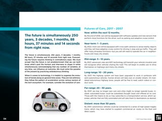 WHAT IS A TREND,
EXACTLY?
The future is simultaneously 250 years, 3 decades, 1 months,
88 hours, 37 minutes and 14 seconds from right now. Forecast-
ing the future requires thinking in contradictory ways. We must
accept that the future is not predetermined—that we can both
know what’s past the horizon and intervene to shape it—while
simultaneously acknowledging that any number of variables, at
any time, can inﬂuence an outcome. We must solve the paradox
of the present by practicing ambidextrous thinking.
When it comes to technology, it is helpful to organize the evolu-
tion of trends along six general time zones. They are not arbitrary;
they follow the pattern of acceleration across various sectors of
the tech ecosystem. For example, consider the evolution of cars:
Futures of Cars, 2017 - 2057
Now: within the next 12 months.
By the end of 2018, cars will be equipped with software updates and new sensors that
perform more functions for the driver, such as parking and adaptive cruise control.
Near-term: 1 - 5 years.
By 2022, most cars will be equipped with cross-path cameras to sense nearby objects
and they will have adaptive cruise control for driving in stop-and-go trafﬁc. They will
offer many driverless functions—but you will still need to operate the car in neighbor-
hoods and many city streets.
Mid-range: 5 - 10 years.
By 2027, advanced Lidar and WiFi technology will transmit your vehicle’s location and
will recognize other vehicles sharing the road. This will begin to enable cars to drive
themselves on highways and many city streets.
Long-range: 10 - 20 years.
By 2037, the highway system will have been upgraded to work in symbiosis with
semi-autonomous vehicles. Human drivers will take over on smaller streets. On man-
dated autonomous highway lanes, people will be free to read, watch videos or con-
duct work.
Far-range: 20 - 30 years.
By 2047, we may no longer own cars and cities might no longer operate buses. In-
stead, automated buses could be subsidized thought taxes and offered at no cost.
Those with the means to do so may subscribe to a transportation service, which op-
erates vehicles that are fully automated and will take them to destinations as desired.
Distant: more than 30 years.
By 2057, autonomous vehicles could be connected to a series of high-speed maglev
trains, which may have started to supplant commercial air routes on the East and
West coasts.
© 2017 Future Today Institute
The future is simultaneously 250
years, 3 decades, 1 months, 88
hours, 37 minutes and 14 seconds
from right now.
34
 