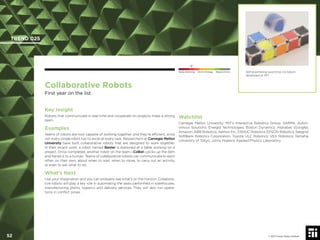 © 2017 Future Today Institute
Collaborative Robots
First year on the list
Key Insight
Robots that communicate in real-time and cooperate on projects make a strong
team.
Examples
Teams of robots are now capable of working together, and they’re efﬁcient, since
not every single robot has to excel at every task. Researchers at Carnegie Mellon
University have built collaborative robots that are designed to work together.
In their recent work, a robot named Baxter is stationed at a table working on a
project. Once completed, another robot on the team—CoBot—picks up the item
and hands it to a human. Teams of collaborative robots can communicate to each
other, on their own, about when to wait, when to move, to carry out an activity,
or even to ask what to do.
What’s Next
Use your imagination and you can probably see what’s on the horizon. Collabora-
tive robots will play a key role in automating the tasks performed in warehouses,
manufacturing plants, logistics and delivery services. They will also run opera-
tions in conﬂict zones.
Watchlist
Carnegie Mellon University; MIT’s Interactive Robotics Group; DARPA; Auton-
omous Solutions; Energid Technologies; Boston Dynamics; Alphabet (Google);
Amazon; ABB Robotics; Aethon Inc.; FANUC Robotics; EPSON Robotics; Seegrid;
SoftBank Robotics Corporation; Toyota; ULC Robotics; VEX Robotics; Yamaha;
University of Tokyo; Johns Hopkins Applied Physics Laboratory
Self-assembling swarming microbots
developed at MIT.
TREND 025
52 © 2017 Future Today Institute
Needs Monitoring Informs Strategy Requires Action
 