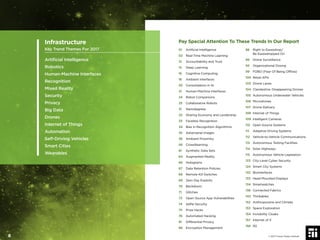 Pay Special Attention To These Trends In Our Report
01 Artiﬁcial Intelligence
02 Real-Time Machine Learning
13 Accountability and Trust
15 Deep Learning
16 Cognitive Computing
18 Ambient Interfaces
20 Consolidation in AI
21 Human-Machine Interfaces
24 Robot Companions
25 Collaborative Robots
31 Nanodegrees
32 Sharing Economy and Lendership
33 Faceless Recognition
34 Bias in Recognition Algorithms
35 Adversarial Images
36 Ambient Proximity
56 Crowdlearning
61 Synthetic Data Sets
64 Augmented Reality
66 Holograms
67 Data Retention Policies
68 Remote Kill Switches
69 Zero Day Exploits
70 Backdoors
71 Glitches
73 Open Source App Vulnerabilities
74 Selﬁe Security
75 Prize Hacks
76 Automated Hacking
81 Differential Privacy
86 Encryption Management
88 Right to Eavesdrop/
Be Eavesdropped On
89 Drone Surveillance
93 Organizational Doxing
99 FOBO (Fear Of Being Ofﬂine)
100 Retail APIs
103 Drone Lanes
104 Clandestine, Disappearing Drones
105 Autonomous Underwater Vehicles
106 Microdrones
107 Drone Delivery
108 Internet of Things
109 Intelligent Cameras
110 Open Source Systems
111 Adaptive Driving Systems
112 Vehicle-to-Vehicle Communications
113 Autonomous Testing Facilities
114 Solar Highways
115 Autonomous Vehicle Legislation
123 City-Level Cyber Security
124 Smart City Systems
132 Biointerfaces
133 Head Mounted Displays
134 Smartwatches
136 Connected Fabrics
143 Thinkables
152 Anthropocene and Climate
153 Space Exploration
154 Invisibility Cloaks
157 Internet of X
158 5G
Infrastructure
Key Trend Themes For 2017
Artiﬁcial Intelligence
Robotics
Human-Machine Interfaces
Recognition
Mixed Reality
Security
Privacy
Big Data
Drones
Internet of Things
Automation
Self-Driving Vehicles
Smart Cities
Wearables
© 2017 Future Today Institute8
 