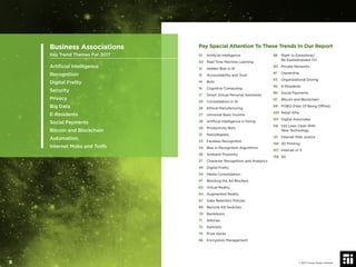 Pay Special Attention To These Trends In Our Report
01 Artiﬁcial Intelligence
02 Real-Time Machine Learning
12 Hidden Bias in AI
13 Accountability and Trust
14 Bots
16 Cognitive Computing
17 Smart Virtual Personal Assistants
20 Consolidation in AI
26 Ethical Manufacturing
27 Universal Basic Income
28 Artiﬁcial Intelligence in Hiring
29 Productivity Bots
31 Nanodegrees
33 Faceless Recognition
34 Bias in Recognition Algorithms
36 Ambient Proximity
37 Character Recognition and Analytics
39 Digital Frailty
54 Media Consolidation
57 Blocking the Ad Blockers
63 Virtual Reality
64 Augmented Reality
67 Data Retention Policies
68 Remote Kill Switches
70 Backdoors
71 Glitches
72 Darknets
75 Prize Hacks
86 Encryption Management
88 Right to Eavesdrop/
Be Eavesdropped On
90 Private Networks
91 Ownership
93 Organizational Doxing
95 E-Residents
96 Social Payments
97 Bitcoin and Blockchain
99 FOBO (Fear Of Being Ofﬂine)
100 Retail APIs
101 Digital Associates
118 Old Laws Clash With
New Technology
121 Internet Mob Justice
156 3D Printing
157 Internet of X
158 5G
Business Associations
Key Trend Themes For 2017
Artiﬁcial Intelligence
Recognition
Digital Frailty
Security
Privacy
Big Data
E-Residents
Social Payments
Bitcoin and Blockchain
Automation
Internet Mobs and Trolls
© 2017 Future Today Institute9
 