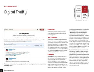 6TH YEAR ON THE LIST
DigitalFrailty
© 2020 FUTURE TODAY INSTITUTE
INFORMS
STRATEGY
REVISIT
LATER
ACT
NOW
KEEP
VIGILANT
WATCH
HIGH DEGREE OF CERTAINTY
LOW DEGREE OF CERTAINTY
IMMEDIATEIMPACT
LONGER-TERMIMPACT
Key Insight
Digital Frailty is when digital assets are
impermanent or easily compromised by
technical glitches.
Why It Matters
Digital frailty is evolving from a flaw into a
feature: This trend emerged as media was
erased from the web because old sites were
no longer maintained. It's still problematic
when information with archival value is lost,
but more systems are being designed to en-
code impermanence as users adapt ephem-
eral tools like Instagram stories or messag-
es that expire within a set timeframe.
Examples
MySpace announced in March 2019 that it
had accidentally deleted all of the photos,
videos and audio files uploaded to the
platform before 2015, which included an
estimated 50 million songs. The Internet Ar-
chive found a fraction of those, but the inci-
dent remains a cautionary tale for those who
assume their uploads are stored forever.
Differentiating material with archival value
from digital flotsam isn’t always simple.
Twitter announced that it would delete
accounts that had been inactive for an
extended time in November 2019. That deci-
sion was meant to make unused usernames
available to active Tweeters, but it neglect-
ed a major reason that accounts go stale:
death. After backlash from folks who wanted
to preserve their loved ones’ tweets, Twitter
quickly backed off the policy shift, saying it
wouldn’t move forward until it created a way
to memorialize dormant accounts.
Most material disappears unintentionally,
but that’s not always the case: Users post
stories to Snapchat and Instagram with
the expectation that their posts will expire.
Platforms could remove posts that violate
their terms of service, even if that informa-
tion is newsworthy or relevant to a public
debate. Twitter has said it will make ex-
ceptions to its content regulation rules for
certain public figures but other platforms
might act differently.
Politwoops tracks deleted tweets by public officials, including incumbents and candidates
running for office.
 