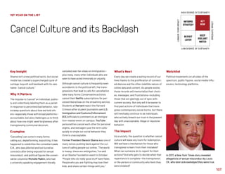 1ST YEAR ON THE LIST
CancelCultureanditsBacklash
107
INFORMS
STRATEGY
REVISIT
LATER
ACT
NOW
KEEP
VIGILANT
WATCH
HIGH DEGREE OF CERTAINTY
LOW DEGREE OF CERTAINTY
IMMEDIATEIMPACT
LONGER-TERMIMPACT
canceled over her views on immigration—
plus many, many other individuals who are
seen to have acted immorally or unjustly.
Although cancel culture is frequently seen
as endemic to the political left, the trans-
gressions that lead to calls for cancellation
take many forms:Conservative activists
cancel their Netflix subscriptions for per-
ceived liberal bias on the streaming service.
Students at Harvard reject the Harvard
Crimson after student journalists ask U.S.
Immigration and Customs Enforcement
(ICE) officials to comment on an immigra-
tion-related event on campus. YouTube
personalities cancel each other for personal
slights, and teenagers use the term collo-
quially to single out social behavior they
think is unacceptable.
Former President Barack Obama was one of
many voices pushing back against the cul-
ture of calling people out online. “The world
is messy; there are ambiguities,” he said
at an Obama Foundation event in October.
“People who do really good stuff have flaws.
People who you are fighting may love their
kids, and share certain things with you.”
Key Insight
Shame isn’t a new political tactic, but social
media has created a supercharged cycle of
outrage, boycott and backlash with its own
name: “cancel culture.”
Why It Matters
The impulse to “cancel” an individual, public-
ly and collectively labeling them as a pariah
in response to perceived bad behavior, rais-
es deep questions about how we hold oth-
ers—especially those with broad platforms—
accountable, but also challenges us to think
about how one might seek forgiveness after
transgressing communal decorum.
Examples
“Cancelling” can come in many forms:
calling out, deplatforming, boycotting. It has
happened to celebrities like comedian Louis
C.K., who was pilloried and lost lucrative
contracts after being exposed for sexual
misconduct, and political figures like conser-
vative columnist Michelle Malkin, who had
a university speaking engagement literally
What’s Next
Every day we create a lasting record of our
lives thanks to the proliferation of connect-
ed devices and the often indelible nature of
online data and content. As people evolve,
those records will memorialize their choic-
es, messages, and frustrations—including
those that are glaringly out of sync with
current society. Not only will it be easier to
find past actions of individuals that trans-
gress contemporary social norms, but there
will inevitably continue to be individuals
who actively breach our trust in the present
day with unacceptable, illegal or repulsive
behavior.
The Impact
As a society, the question is whether cancel
culture will leave any room for redemption.
Will we have a mechanism for those who
transgress to learn from their mistakes?
What can someone do to repent for their
actions? And who gets to decide when that
repentance is complete—the transgressor,
or the person or community who feels they
were violated?
Watchlist
Political movements on all sides of the
spectrum, public figures, social media influ-
encers, technology platforms.
In 2017, a New York Times story revealed
allegations of sexual misconduct by Louis
CK, who later acknowledged they were true.
 