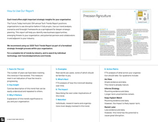 Each trend offers eight important strategic insights for your organization.
The Future Today Institute’s 13th annual Tech Trends Report positions
organizations to see disruption before it fully erupts. Use our trend analysis,
scenarios and foresight frameworks as a springboard for deeper strategic
planning. This report will help you identify new business opportunities,
emerging threats to your organization, and potential partners and collaborators
in and adjacent to your industry.
We recommend using our 2020 Tech Trends Report as part of a formalized
strategic foresight process within your organization.
For a complete list of trends by industry, and to search by individual
technology, visit futuretodayinstitute.com/trends.
© 2020 FUTURE TODAY INSTITUTE
1. Years On The List
The number of years we have been tracking
this trend as it has evolved. This measure-
ment is an indication of how the trend is
progressing.
2. Key Insight
Concise description of this trend that can be
easily understood and repeated to others.
3. Why It Matters
Explanation of this trend’s significance to
you and your organization.
4. Examples
Real-world use cases, some of which should
be familiar to you.
5. What’s Next
FTI’s analysis of how this trend will develop
over time.
6. The Impact
Describing the next-order implications of
this trend.
7. Watchlist
Individuals, research teams and organiza-
tions most deeply involved in this trend.
8. Action Matrix
FTI’s analysis of what action your organiza-
tion should take. Our quadrants include:
Act Now
Ample evidence and data.
This trend is already mature.
Informs Strategy
Mounting evidence and data.
Longer-term uncertainties remain.
Keep Vigilant Watch
Mounting evidence and data.
However, the impact is likely nearer-term.
Revisit Later
Less evidence and data.
However, this trend has the potential to
cause great disruption.
1 8
2
3
4
5
6
7
How to Use Our Report
 