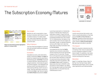 1ST YEAR ON THE LIST
TheSubscriptionEconomyMatures
141
INFORMS
STRATEGY
REVISIT
LATER
ACT
NOW
KEEP
VIGILANT
WATCH
HIGH DEGREE OF CERTAINTY
LOW DEGREE OF CERTAINTY
IMMEDIATEIMPACT
LONGER-TERMIMPACT
Key Insight
Whether you call it a subscription, a mem-
bership or a donation, we’re living in the age
of audience revenue. For media compa-
nies—news outlets especially—that means
business incentives may soon align what
consumers want.
Why It Matters
The risk is that the propagation of subscrip-
tions will overwhelm audiences’ willingness
(or ability) to pay.
Examples
Everywhere you look, a new subscription
product is launching: Disney+ and Apple TV
joined the crowded streaming subscription
landscape last year. Conde Nast announced
in January 2019 that it was putting all of its
magazine websites—historically ad support-
ed—behind a paywall. Local newspapers are
pushing to launch new subscriptions or to
refine existing offerings. And it’s not just in
media: There are subscription services for
toothbrushes (Quip), “ugly” discount vegeta-
bles (Misfits Market) and probiotics (Seed).
Launching a subscription or membership
program is relatively easy. Keeping your
subscribers is harder: A report from sub-
scription service platform Zuora estimated
an average annualized churn rate of nearly
34% for media business, the highest of any
sector studied. Churn isn’t just a legacy me-
dia problem, though: on-demand streaming
services suffer higher churn rates than
news media, according to estimates cited
by The Information.
July marked the first time that Netflix
reported a loss in domestic subscribers,
and the streaming service has reported flat
numbers in the U.S. since then. The plat-
form is still expected to grow internationally,
but the lesson about saturation is important
for anyone pursuing a subscription model,
especially niche and local publishers. The
Los Angeles Times sought to double its
digital subscriber base to 300,000 in 2019,
according to a memo leaked in July. While
the Times was able to add more than 50,000
new subscribers, its net growth was only
13,000 because of churn.
What’s Next
Look for more services that monitor—and
cancel—unused subscriptions or free trials,
such as True Bill and Free Trial Card. In
California, companies selling subscriptions
must now offer a clear way to cancel them
online, thanks to California Senate Bill No.
313, which went into effect in July 2019.
The Impact
Watch for consumers to become more dis-
criminating in their choice of subscriptions
as more companies compete for a fixed
share of wallet. For publishers, that means
a focus on improving subscriber retention,
not just recruiting lots of new users.
Watchlist
Apple TV, Conde Nast, Disney+, Bean, Do
Not Pay, Free Trial Card, Knewz, Netflix,
Membership Puzzle Project, Scroll, True Bill,
news organizations and media worldwide.
News Corp launched its Knewz aggregation
platform in January 2020.
 