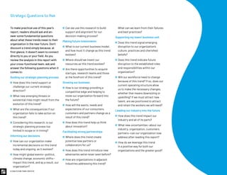 What can we learn from their failures
and best practices?
Supporting my team/ business unit
 Does this trend signal emerging
disruption to our organization’s
culture, practices and cherished
beliefs?
 Does this trend indicate future
disruption to the established roles
and responsibilities within our
organization?
 Will our workforce need to change
because of this trend? If so, does our
current operating structure allow
us to make the necessary changes,
whether that means downsizing or
upskilling? If we must attract new
talent, are we positioned to attract
and retain the workers we will need?
Leading our industry into the future
 How does this trend impact our
industry and all of its parts?
 What new uncertainties—about our
industry, organization, customers,
partners—can our organization now
address after reading this report?
 How do we leverage this trend
in a positive way for both our
organizations and the greater good?
To make practical use of this year’s
report, readers should ask and an-
swer some fundamental questions
about what these trends mean to their
organization in the near future. Don’t
discount a trend simply because, at
first glance, it doesn’t seem to connect
directly to you or your field. As you
review the analysis in this report with
your cross-functional team, ask and
answer the following questions when it
comes to:
Guiding our strategic planning process
 How does this trend support or
challenge our current strategic
direction?
 What new emerging threats or
existential risks might result from the
evolution of this trend?
 What are the consequences if our
organization fails to take action on
this trend?
 Considering this research, is our
strategic planning process too
limited in scope or in timing?
Informing our decisions
 How can our organization make
incremental decisions on this trend
today and ongoing, as it evolves?
 How might global events—politics,
climate change, economic shifts—
impact this trend, and as a result, our
organization?
 Can we use this research to build
support and alignment for our
decision-making process?
Making future investments
 What is our current business model,
and how must it change as this trend
evolves?
 Where should we invest our
resources as this trend evolves?
 Are there opportunities to acquire
startups, research teams and those
at the forefront of this trend?
Growing our business
 How is our strategy providing a
competitive edge and helping to
move our organization forward into
the future?
 How will the wants, needs and
expectations of our consumers,
customers and partners change as a
result of this trend?
 How does this trend help us think
about innovation?
Facilitating strong partnerships
 Where does this trend create
potential new partners or
collaborators for us?
 How does this trend introduce new
adversaries we've never seen before?
 How are organizations in adjacent
industries addressing this trend?
© 2020 FUTURE TODAY INSTITUTE
Strategic Questions to Ask
 