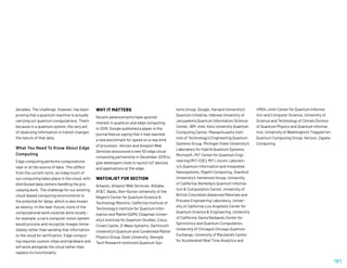 WHY IT MATTERS
Recent advancements have spurred
interest in quantum and edge computing.
In 2019, Google published a paper in the
journal Nature saying that it had reached
a new benchmark for speed on a new kind
of processor. Verizon and Amazon Web
Services announced a new 5G edge cloud
computing partnership in December 2019 to
give developers tools to launch IoT devices
and applications at the edge.
WATCHLIST FOR SECTION
Amazon, Amazon Web Services, Alibaba,
ATT, Baidu, Ben-Gurion University of the
Negev’s Center for Quantum Science 
Technology Bleximo, California Institute of
Technology’s Institute for Quantum Infor-
mation and Matter (IQIM), Chapman Univer-
sity’s Institute for Quantum Studies, Cisco,
Crown Castle, D-Wave Systems, Dartmouth
University’s Quantum and Condensed Matter
Physics Group, Duke University, Georgia
Tech Research Institute’s Quantum Sys-
decades. The challenge, however, has been
proving that a quantum machine is actually
carrying out quantum computations. That’s
because in a quantum system, the very act
of observing information in transit changes
the nature of that data.
What You Need To Know About Edge
Computing
Edge computing performs computations
near or at the source of data. This differs
from the current norm, as today much of
our computing takes place in the cloud, with
distributed data centers handling the pro-
cessing work. The challenge for our existing
cloud-based computing environments is
the potential for delay, which is also known
as latency. In the near-future, more of the
computational work could be done locally—
for example, a car’s computer vision system
would process and recognize images imme-
diately rather than sending that information
to the cloud for verification. Edge comput-
ing requires custom chips and hardware and
will work alongside the cloud rather than
replace its functionality.
tems Group, Google, Harvard University’s
Quantum Initiative, Hebrew University of
Jerusalem’s Quantum Information Science
Center, IBM, Intel, Keio University Quantum
Computing Center, Massachusetts Insti-
tute of Technology’s Engineering Quantum
Systems Group, Michigan State University’s
Laboratory for Hybrid Quantum Systems,
Microsoft, MIT Center for Quantum Engi-
neering (MIT-CQE), MIT Lincoln Laborato-
ry’s Quantum Information and Integrated
Nanosystems, Rigetti Computing, Stanford
University’s Yamamoto Group, University
of California-Berkeley’s Quantum Informa-
tion  Computation Center, University of
British Columbia’s Advanced Materials and
Process Engineering Laboratory, Univer-
sity of California-Los Angeles’s Center for
Quantum Science  Engineering, University
of California-Santa Barbara’s Center for
Spintronics and Quantum Computation,
University of Chicago’s Chicago Quantum
Exchange, University of Maryland’s Center
for Accelerated Real Time Analytics and
UMD’s Joint Center for Quantum Informa-
tion and Computer Science, University of
Science and Technology of China’s Division
of Quantum Physics and Quantum Informa-
tion, University of Washington’s Trapped Ion
Quantum Computing Group, Verizon, Zapata
Computing.
161
 