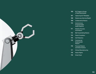 166	 5G Triggers a Surge
	 of New Businesses
167	 Capturing IIoT Metadata
168	 Robots as a Service (RaaS)
169	 Collaborative Robots
170	 Autonomous,
	Programmable
	 Robot Swarms
171	 Robotic Process
	Automation
172	Self-Assembling Robots
173	 Robot Compilers
174	 Soft Robotics
175	 Commercial
	Quadrupedal
	Robots
176	 Personal Robots
	 and Robot Butlers
177	 Ethical Manufacturing
178	 Robot Rights
179	 Smart Dust
165
 