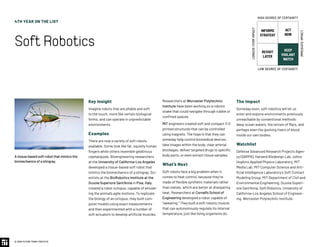 4TH YEAR ON THE LIST
SoftRobotics
© 2020 FUTURE TODAY INSTITUTE
INFORMS
STRATEGY
REVISIT
LATER
ACT
NOW
KEEP
VIGILANT
WATCH
HIGH DEGREE OF CERTAINTY
LOW DEGREE OF CERTAINTY
IMMEDIATEIMPACT
LONGER-TERMIMPACT
Key Insight
Imagine robots that are pliable and soft
to the touch, more like certain biological
forms, and can operate in unpredictable
environments.
Examples
There are now a variety of soft robots
available. Some look like fat, squishy human
fingers while others resemble gelatinous
cephalopods. Bioengineering researchers
at the University of California-Los Angeles
developed a tissue-based soft robot that
mimics the biomechanics of a stingray. Sci-
entists at the BioRobotics Institute at the
Scuola Superiore Sant’Anna in Pisa, Italy,
created a robot octopus, capable of emulat-
ing the animal’s agile motions. To replicate
the biology of an octopus, they built com-
puter models using exact measurements
and then experimented with a number of
soft actuators to develop artificial muscles.
Researchers at Worcester Polytechnic
Institute have been working on a robotic
snake that could navigate through rubble or
confined spaces.
MIT engineers created soft and compact 3-D
printed structures that can be controlled
using magnets. The hope is that they can
someday help control biomedical devices,
take images within the body, clear arterial
blockages, deliver targeted drugs to specific
body parts, or even extract tissue samples.
What’s Next
Soft robots face a big problem when it
comes to heat control, because they’re
made of flexible synthetic materials rather
than metals, which are better at dissipating
heat. Researchers at Cornell’s School of
Engineering developed a robot capable of
“sweating.” They built a soft robotic muscle
that can autonomously regulate its internal
temperature, just like living organisms do.
The Impact
Someday soon, soft robotics will let us
enter and explore environments previously
unreachable by conventional methods:
deep ocean waters, the terrain of Mars, and
perhaps even the gushing rivers of blood
inside our own bodies.
Watchlist
Defense Advanced Research Projects Agen-
cy (DARPA), Harvard Biodesign Lab, Johns
Hopkins Applied Physics Laboratory, MIT
Media Lab, MIT Computer Science and Arti-
ficial Intelligence Laboratory’s Soft Contact
Modeling Group, MIT Department of Civil and
Environmental Engineering, Scuola Superi-
ore Sant’Anna, Soft Robotics, University of
California-Los Angeles School of Engineer-
ing, Worcester Polytechnic Institute.
A tissue-based soft robot that mimics the
biomechanics of a stingray.
 