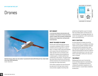 KEY INSIGHT
A commercial industry has boomed, and
hundreds of thousands of drones are being
used for media, land surveying, building and
infrastructure inspections, and personal
entertainment.
WHAT YOU NEED TO KNOW
Drones were used extensively during the
coronavirus outbreak of 2020: to monitor
residents and encourage them to stay in-
doors, to inspect traffic stops and hospitals,
and to spray cities with disinfectants. A
video clip went viral on a Chinese social
media site, showing a drone breaking up
a mahjong game—residents defied local
ordinances to stay indoors. The government
was reportedly using drones outfitted with
infrared cameras to fly overhead and check
for people who might have fevers.
China offers a glimpse into how drones will
be used more in the near-future. Auton-
omous drones–capable of working inde-
pendently and together as part of a larger
fleet–are finding wider commercial use in
natural disasters, for package deliveries, for
smart city management, within warehouses,
and on automated farms.
WHY IT MATTERS
As drone demand increases around the
world, it’s likely that consolidation will follow.
Flight service providers, hardware startups,
drone and aircraft manufacturers, asset
and flight path management software, and
data processing platforms will see a wave of
mergers and acquisitions in the near future,
which could make it difficult for new start-
ups to compete.
THE IMPACT
Widespread future use of commercial
drones will likely depend on standardizing
regulations. If companies are forced to
comply with patchwork regulations in dif-
ferent locations, it would make compliance
burdensome.
Zipline’s drones, which can carry about 4 pounds and travel at 68 miles per hour, have made
more than 29,551 deliveries.
Credit: Roksenhorn
9TH YEAR ON THE LIST
Drones
© 2020 FUTURE TODAY INSTITUTE
INFORMS
STRATEGY
REVISIT
LATER
ACT
NOW
KEEP
VIGILANT
WATCH
HIGH DEGREE OF CERTAINTY
LOW DEGREE OF CERTAINTY
IMMEDIATEIMPACT
LONGER-TERMIMPACT
 