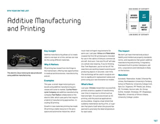 197
9TH YEAR ON THE LIST
Additive Manufacturing
and Printing
Key Insight
Additive manufacturing allows us to create
objects one layer at a time, and we can now
do this using different materials.
Why It Matters
3D printing has moved from the fringe to
the mainstream, offering new opportunities
in medical and biosciences, manufacturing
and art.
Examples
This year, a street-legal motorcycle pro-
duced using additive manufacturing pro-
cesses will come to market. Curtiss Motor-
cycle Company and additive manufacturing
company Fast Radius collaborated on the
electric bike, which uses parts that require
a hybrid of manufacturing approaches—in-
cluding 3D printing.
Growth in new materials printing has made
3D printing a viable resource in the aero-
space and automotive industries, which
must meet stringent requirements for
parts use. Last year, Airbus and Materialize
created the first 3D-printed parts intended
for use in the cabins of Airbus’s commercial
aircraft. And soon, “one size fits all” will take
on a whole new meaning. If you’re thinking
Star Trek Replicator, you’re not far off. Re-
searchers are working toward scanning and
producing objects in seconds—over time,
this technology will be used in surgical cen-
ters to rapidly print replacement valves and
joints using your own biomatter as models.
What’s Next
Last year, Chinese researchers successfully
printed ceramics capable of transforming
over time in response to stimuli such as
heat and light. It’s a process known as 4D
printing, and the practical applications
are boundless. Imagine a heat shield that
suddenly materializes during a fire, or a gar-
den that plants itself when the ground has
warmed to precisely the ideal temperature
for each seed.
The Impact
We don’t yet have international product
liability and intellectual property standards,
norms, and regulations that govern additive
manufacturing and printing. A regulatory
framework built to protect designers, pat-
ents, corporations and individuals is likely
on the horizon.
Watchlist
Autodesk, Materialize, Kodak, Ethereal Ma-
chines, Northwestern University’s Feinberg
School of Medicine, University College Cork,
Apis Cor, Organovo, MIT Media Lab, Airbus,
GE, Formlabs, Aurora Labs, Arc Group,
ExOne, Voxeljet, Stratasys, HP, Shapeways,
MakerBot, University of Illinois Urbana,
University College London.
The electric Zeus motorcycle was produced
using additive manufacturing.
INFORMS
STRATEGY
REVISIT
LATER
ACT
NOW
KEEP
VIGILANT
WATCH
HIGH DEGREE OF CERTAINTY
LOW DEGREE OF CERTAINTY
IMMEDIATEIMPACT
LONGER-TERMIMPACT
 