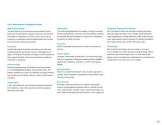The 11 Macro Sources of Disruption Include:
Wealth Distribution
The distribution of income across a population’s house-
holds, the concentration of assets in various communities,
the ability for individuals to move up from their existing
financial circumstances and the gap between the top and
bottom brackets within an economy.
Education
Access and quality of primary, secondary, and post-sec-
ondary education, workforce training, trade apprentice-
ships, certification programs, the ways in which people are
learning and the tools they’re using and what people are
interested in studying.
Infrastructure
Physical, organizational, and digital structures needed
for society to operate (bridges, power grids, roads, wifi
towers, closed-circuit security cameras), the ways in which
the infrastructure of a city, state or country might impact
another’s.
Government
Local, state, national, and international governing bodies,
their planning cycles, their elections and the regulatory
decisions they make.
Geopolitics
The relationships between the leaders, militaries and gov-
ernments of different countries, the risk faced by investors,
companies and elected leaders in response to regulatory,
economic or military actions.
Economy
Shifts in standard macroeconomic and microeconomic
factors.
Public Health
Changes in the health and behavior of a community’s pop-
ulation in response to lifestyles, popular culture, disease,
government regulation, warfare or conflict and religious
beliefs.
Demographics
Observing how birth and death rates, income, population
density, human migration, disease and other dynamics are
shifting communities.
Environment
Changes to the natural world or to specific geographic
areas, including extreme weather events, climate fluctua-
tions, sea level rise, drought, high or low temperatures and
more. (We include agricultural production in this category.)
Media and Telecommunications
All of the ways in which we send and receive information
and learn about the world. This includes social networks,
news organizations, digital platforms, video streaming ser-
vices, gaming and e-sports systems, 5G and the boundless
other ways in which we connect with each other.
Technology
We recognize technology not as an isolated source of
macro change, but rather, as the connective tissue linking
business, government and society. For that reason, we
always look for emerging tech developments, as well as tech
signals within the other sources of change.
19
 