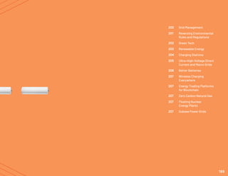 200	 Grid Management
201	 Reversing Environmental 	
	 Rules and Regulations
202	 Green Tech
203	 Renewable Energy
204	 Charging Stations
205	 Ultra-High-Voltage Direct 	
	 Current and Macro Grids
206	 Better Batteries
207	 Wireless Charging
	Everywhere
207	 Energy Trading Platforms
	 for Blockchain
207	 Zero Carbon Natural Gas
207	 Floating Nuclear
	 Energy Plants
207	 Subsea Power Grids
199
 