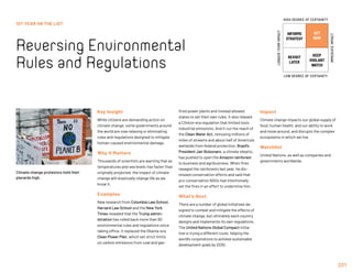 201
1ST YEAR ON THE LIST
Reversing Environmental
Rules and Regulations
Key Insight
While citizens are demanding action on
climate change, some governments around
the world are now relaxing or eliminating
rules and regulations designed to mitigate
human-caused environmental damage.
Why It Matters
Thousands of scientists are warning that as
temperatures and sea levels rise faster than
originally projected, the impact of climate
change will drastically change life as we
know it.
Examples
New research from Columbia Law School,
Harvard Law School and the New York
Times revealed that the Trump admin-
istration has rolled back more than 90
environmental rules and regulations since
taking office. It replaced the Obama-era
Clean Power Plan, which set strict limits
on carbon emissions from coal and gas-
fired power plants and instead allowed
states to set their own rules. It also relaxed
a Clinton-era regulation that limited toxic
industrial emissions. And it cut the reach of
the Clean Water Act, removing millions of
miles of streams and about half of America’s
wetlands from federal protection. Brazil’s
President Jair Bolsonaro, a climate skeptic,
has pushed to open the Amazon rainforest
to business and agribusiness. When fires
ravaged the rainforests last year, he dis-
missed conservation efforts and said that
pro-conservation NGOs had intentionally
set the fires in an effort to undermine him.
What’s Next
There are a number of global initiatives de-
signed to combat and mitigate the effects of
climate change, but ultimately each country
designs and implements its own regulations.
The United Nations Global Compact initia-
tive is trying a different route, helping the
world’s corporations to achieve sustainable
development goals by 2030.
Impact
Climate change impacts our global supply of
food, human health, and our ability to work
and move around, and disrupts the complex
ecosystems in which we live.
Watchlist
United Nations, as well as companies and
governments worldwide.
Climate change protestors hold their
placards high.
INFORMS
STRATEGY
REVISIT
LATER
ACT
NOW
KEEP
VIGILANT
WATCH
HIGH DEGREE OF CERTAINTY
LOW DEGREE OF CERTAINTY
IMMEDIATEIMPACT
LONGER-TERMIMPACT
 