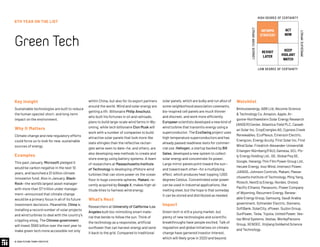 © 2020 FUTURE TODAY INSTITUTE
6TH YEAR ON THE LIST
GreenTech
Key Insight
Sustainable technologies are built to reduce
the human species' short- and long-term
impact on the environment.
Why It Matters
Climate change and new regulatory efforts
could force us to look for new, sustainable
sources of energy.
Examples
This past January, Microsoft pledged it
would be carbon negative in the next 10
years, and launched a $1 billion climate
innovation fund. Also in January, Black-
Rock—the world’s largest asset manager
with more than $7 trillion under manage-
ment—announced that climate change
would be a primary focus in all of its future
investment decisions. Meanwhile, China is
installing a record number of solar projects
and wind turbines to deal with the country’s
crippling smog. The Chinese government
will invest $560 billion over the next year to
make green tech more accessible not only
within China, but also for its export partners
around the world. Wind and solar energy are
getting a lift: Billionaire Philip Anschutz,
who built his fortunes in oil and railroads,
plans to build large-scale wind farms in Wy-
oming, while tech billionaire Elon Musk will
work with a number of companies to build
attractive solar panels that look more like
slate shingles than the reflective rectan-
gles we’ve seen to date—he, and others, are
also developing new methods to create and
store energy using battery systems. A team
of researchers at Massachusetts Institute
of Technology is developing offshore wind
turbines that can store power on the ocean
floor in huge concrete spheres. Makani, re-
cently acquired by Google X, makes high-al-
titude kites to harness wind energy.
What’s Next
Researchers at University of California-Los
Angeles built bio-mimicking smart mate-
rial that bends to follow the sun. Think of
the technology as a responsive, artificial
sunflower that can harvest energy and send
it back to the grid. Compared to traditional
INFORMS
STRATEGY
REVISIT
LATER
ACT
NOW
KEEP
VIGILANT
WATCH
HIGH DEGREE OF CERTAINTY
LOW DEGREE OF CERTAINTY
IMMEDIATEIMPACT
LONGER-TERMIMPACT
solar panels, which are bulky and run afoul of
some neighborhood association covenants,
bio-inspired cell panels are much thinner
and discreet, and work more efficiently.
European scientists developed a new kind of
wind turbine that transmits energy using a
superconductor. The EcoSwing project uses
high temperature superconductors and has
already passed readiness tests for commer-
cial use. Heliogen, a startup backed by Bill
Gates, developed a new system to collect
solar energy and concentrate its power.
Large mirror panels point toward the sun—
and toward each other—for a multiplying
effect, which produces heat topping 1,000
degrees Celsius. Concentrated solar power
can be used in industrial applications, like
melting steel, but the hope is that someday
it can be stored and distributed as needed.
Impact
Green tech is still a young market, but
plenty of new technologies and scientific
breakthroughs have people excited. Talk of
regulation and global initiatives on climate
change have garnered investor interest,
which will likely grow in 2020 and beyond.
Watchlist
8minuteenergy, ABB Ltd, Akcome Science
 Technology Co, Amazon, Apple, Ar-
gonne-Northwestern Solar Energy Research
(ANSER) Center, Atlantica Yield PLC, Canadi-
an Solar Inc, CropEnergies AG, Cypress Creek
Renewables, EcoPlexus, Emerson Electric,
Energcon, Energy Acuity, First Solar Inc, First
Wind Solar, Friedrich-Alexander-Universität
Erlangen-Nürnberg (FAU), Gamesa, GCL-Po-
ly Energy Holding Ltd., GE, Global Pvq SE,
Google, Hanergy Thin Film Power Group Ltd.,
Hecate Energy, Inox Wind, Intersect Power,
JIANGS, Johnson Controls, Makani, Massa-
chusetts Institute of Technology, Ming Yang,
Motech, NextEra Energy, Nordex, Orsted,
Pacific Ethanol, Panasonic, Power Company
of Wyoming, Recurrent Energy, Renew-
able Energy Group, Samsung, Saudi Arabia
government, Schneider Electric, Siemens,
SoftBank, SolarCity, sPower, Suzlon Group,
SunPower, Tesla, Toyota, United Power, Ves-
tas Wind Systems, Vestas, WorleyParsons
Group, XENDEE, Xinjiang Goldwind Science
and Technology.
 