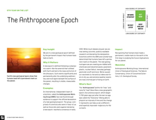 © 2020 FUTURE TODAY INSTITUTE
6TH YEAR ON THE LIST
TheAnthropoceneEpoch
Key Insight
We are in a new geological epoch defined
by the permanent impact that humans have
had on Earth.
Why It Matters
A new epoch is defined following a cataclys-
mic event—like the asteroid that collided
with Earth and led to the mass extinction of
the dinosaurs. Such events significantly and
permanently alter the underlying sedimen-
tary and rock layers beneath the surface of
the planet, resulting in visible, measurable
changes.
Examples
An international, independent team of
scientists, called the Anthropocene Work-
ing Group (AWG), has now found enough
evidence to support the official declaration
of a new geological epoch. The group, com-
prised of scientists who were in favor of, as
well as those who were against declaring
a new epoch, reached a consensus in early
2018. While much debate ensued, we are
now seeing concrete, publicly-available
research corroborating the designation.
Scientists within the AWG and outside have
determined that humans have left a perma-
nent mark on the planet. The new geolog-
ical layers we are creating are riddled with
chemicals and industrial waste, pavement,
plastic, nuclear fallout, everyday garbage,
pesticide runoff and more. We’ve caused
our sea levels to rise and our lakes and riv-
ers to dry up, and extreme weather events
are now a normal part of living on Earth.
What’s Next
The “Anthropocene” (anthro for “man,” and
cene for “new”) describes a new geographic
epoch. (Our previous epoch, which began
11,700 years ago just after the last ice age,
was called the “Holocene.”) Being able to
pinpoint an interval of time and the change
it represents can help us set a different—
and hopefully improved—trajectory for life
on Earth.
Impact
Recognizing that humans have made a
permanent, visible mark on the earth is the
first step in studying the future implications
for our planet.
Watchlist
Anthropocene Working Group, International
Union of Geological Sciences, The Nature
Conservancy, Union of Concerned Scien-
tists, U.S. Geological Survey.Earth’s new geological layers show that
humans have left a permanent mark on
the planet.
INFORMS
STRATEGY
REVISIT
LATER
ACT
NOW
KEEP
VIGILANT
WATCH
HIGH DEGREE OF CERTAINTY
LOW DEGREE OF CERTAINTY
IMMEDIATEIMPACT
LONGER-TERMIMPACT
 