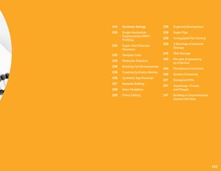 234	 Synthetic Biology
235	 Single-Nucleotide
	 Polymorphism (SNP)
	 Profiling
235	 Super-Fast Molecule
	Discovery
235	 Designer Cells
236	 Molecular Robotics
236	 Building Full Chromosomes
236	 Creating Synthetic Wombs
236	 Synthetic Age Reversal
237	 Genomic Editing
238	 Gene Vandalism
239	 Prime Editing
239	 Organoid Development
239	 Super Pigs
239	 Unregulated Pet Cloning
239	 A Shortage of Genome
	Storage
240	 DNA Storage
240	 Microbe-Engineering
	 as a Service
240	 Microbiome Extinction
240	 Genetic Screening
241	 Biological DVRs
241	 Superbugs, Viruses
	 and Phages
241	 Building a Comprehensive
	 Human Cell Atlas
233
 