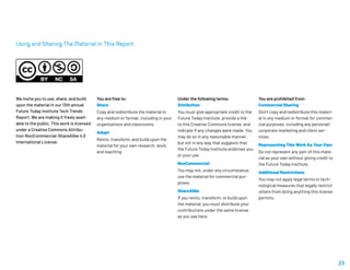 23
Using and Sharing The Material In This Report
We invite you to use, share, and build
upon the material in our 13th annual
Future Today Institute Tech Trends
Report. We are making it freely avail-
able to the public. This work is licensed
under a Creative Commons Attribu-
tion-NonCommercial-ShareAlike 4.0
International License.
You are free to:
Share
Copy and redistribute the material in
any medium or format, including in your
organizations and classrooms.
Adapt
Remix, transform, and build upon the
material for your own research, work,
and teaching.
Under the following terms:
Attribution
You must give appropriate credit to the
Future Today Institute, provide a link
to this Creative Commons license, and
indicate if any changes were made. You
may do so in any reasonable manner,
but not in any way that suggests that
the Future Today Institute endorses you
or your use.
NonCommercial
You may not, under any circumstance,
use the material for commercial pur-
poses.
ShareAlike
If you remix, transform, or build upon
the material, you must distribute your
contributions under the same license
as you see here.
You are prohibited from:
Commercial Sharing
Don’t copy and redistribute this materi-
al in any medium or format for commer-
cial purposes, including any personal/
corporate marketing and client ser-
vices.
Representing This Work As Your Own
Do not represent any part of this mate-
rial as your own without giving credit to
the Future Today Institute.
Additional Restrictions
You may not apply legal terms or tech-
nological measures that legally restrict
others from doing anything this license
permits.
 