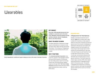  DEEPER DIVE
A Replacement for Smartphones
Globally, smartphone shipments are in
decline. Apple will no longer report sales
numbers for its phones—a clear signal of
what’s on the horizon. And even as new form
factors enter the consumer marketplace in
2020 (dual-sided phones and models with
foldable screens), the functionality isn’t
improving at a fast-enough rate to merit
tossing out existing phones for new ones.
In the next 10 years, we will transition from
a single device that we carry to a suite
of next-gen communication devices that
we’ll wear and command using our voice,
gesture, and touch. This future came into
clearer view in January 2020, when Apple
reported $20 billion in wearable product
sales for the previous year. This growth
in wearables has eclipsed the company’s
growth in phones—and made the wearables
division itself worth as much as a Fortune
150 company.
KEY INSIGHT
More than 1,000 wearable devices are now
available to consumers and to the enter-
prise. Wearable computing systems include
watches, earbuds, sensors, headbands,
fabrics, and other devices.
WHAT YOU NEED TO KNOW
The latest generation of devices no longer
require a smartphone or computer to see
and report data, adjust settings and archive
information. This is known as independent
connectivity, and it will become the norm
in 2020.
WHY IT MATTERS
The International Data Corporation mea-
sured 31% growth in the wearables market
during the fourth quarter of 2018 alone,
but the holiday season wasn’t an anomaly.
Growth has continued along an upward
trajectory through 2019. The Future Today
Institute estimates that by the end of 2020,
global wearable device sales could top
$370 million.
8TH YEAR ON THE LIST
Wearables
249
INFORMS
STRATEGY
REVISIT
LATER
ACT
NOW
KEEP
VIGILANT
WATCH
HIGH DEGREE OF CERTAINTY
LOW DEGREE OF CERTAINTY
IMMEDIATEIMPACT
LONGER-TERMIMPACT
Sony’s wearable air conditioner hopes to keep you cool on the move in the heat of summer.
 