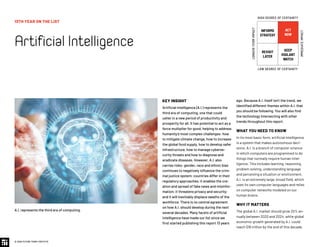 KEY INSIGHT
Artificial intelligence (A.I.) represents the
third era of computing, one that could
usher in a new period of productivity and
prosperity for all. It has potential to act as a
force multiplier for good, helping to address
humanity’s most complex challenges: how
to mitigate climate change, how to increase
the global food supply, how to develop safer
infrastructure, how to manage cyberse-
curity threats and how to diagnose and
eradicate diseases. However, A.I. also
carries risks: gender, race and ethnic bias
continues to negatively influence the crim-
inal justice system; countries differ in their
regulatory approaches; it enables the cre-
ation and spread of fake news and misinfor-
mation; it threatens privacy and security;
and it will inevitably displace swaths of the
workforce. There is no central agreement
on how A.I. should develop during the next
several decades. Many facets of artificial
intelligence have made our list since we
first started publishing this report 13 years
ago. Because A.I. itself isn’t the trend, we
identified different themes within A.I. that
you should be following. You will also find
the technology intersecting with other
trends throughout this report.
WHAT YOU NEED TO KNOW
In its most basic form, artificial intelligence
is a system that makes autonomous deci-
sions. A.I. is a branch of computer science
in which computers are programmed to do
things that normally require human intel-
ligence. This includes learning, reasoning,
problem solving, understanding language
and perceiving a situation or environment.
A.I. is an extremely large, broad field, which
uses its own computer languages and relies
on computer networks modeled on our
human brains.
WHY IT MATTERS
The global A.I. market should grow 20% an-
nually between 2020 and 2024, while global
economic growth generated by A.I. could
reach $16 trillion by the end of this decade.
13TH YEAR ON THE LIST
ArtificialIntelligence
© 2020 FUTURE TODAY INSTITUTE
INFORMS
STRATEGY
REVISIT
LATER
ACT
NOW
KEEP
VIGILANT
WATCH
HIGH DEGREE OF CERTAINTY
LOW DEGREE OF CERTAINTY
IMMEDIATEIMPACT
LONGER-TERMIMPACT
A.I. represents the third era of computing.
 