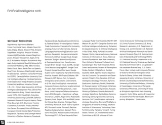 Facebook AI lab, Facebook Soumith Chinta-
la, Federal Bureau of Investigation, Federal
Trade Commission, France’s AI for Humanity
strategy, Future of Life Institute, General
Language Understanding Evaluation com-
petition, GenesisAI, Germany’s national AI
framework, GitHub, Google Cloud, Google
Ventures, Google’s Bidirectional Encod-
er Representations from Transformers,
Google Brain, Google Cloud AutoML, Google
Cloud Natural Language API, Google Coral
Project, Google DeepMind team, Google
Duplex team, Graphcore, Harvard University,
HireVue, Huawei, IBM Project Debater, IBM
Research, IBM Watson Text-to-Speech,
Immigration and Customs Enforcement,
In-Q-Tel, Intel, Intel Capital, International
Computer Science Institute, Israel’s national
A.I. plan, Italy’s interdisciplinary A.I. task
force, Joint Enterprise Defense Infrastruc-
ture (JEDI), Kenya’s A.I. taskforce, LaPlaya
Insurance, Lyrebird, Mayo Clinic, McDonald’s
Dynamic Yield, Megvii, MGH and BWH Center
for Clinical Data Science, Michigan State
University, Microsoft Azure Text-to-Speech
API, Microsoft Azure, Microsoft Machine
Reading Comprehension dataset, Micro-
soft’s HoloLens, Massachusetts Institute of
Technology (MIT), MIT and Harvard’s Giant
WATCHLIST FOR SECTION
Algorithmia, Algorithmic Warfare
Cross-Functional Team, Alibaba Cloud, Ali-
baba, Alipay, Allianz, Amazon Polly, Amazon
SageMaker Autopilot, Amazon A9 team,
Amazon AWS Lambda, Amazon DeepCom-
poser, Amazon Rekognition, Apple, Arria
NLG, Automated Insights, Automation Any-
ware, Autoregressive Quantile Networks for
Generative Modeling, AWS, AWS Textract,
Baidu Cloud, Baidu, Baidu Text-to-Speech,
Blue Prism, Bonseyes, Brazil’s eight national
AI laboratories, California Consumer Privacy
Act (CCPA), Carnegie Mellon University, Cen-
tral Intelligence Agency, Cerebras Systems,
Child Exploitation Image Analytics program,
China’s Belt and Road Initiative, China’s
C.E.I.E.C., China’s New Generation Artificial
Intelligence Development Plan, China’s Peo-
ple’s Liberation Army, China’s state broad-
caster CCTV, Citi, CloudSight, Columbia
University, Crosscheq, CycleGAN, Defense
Advanced Research Projects Agency, Deep-
Mind, Descript, Drift, Electronic Frontier
Foundation, Electronic Privacy Informa-
tion Center, European Union’s AI Alliance,
European Union’s General Data Protection
Regulation, Facebook and Carnegie Mellon
University’s Pluribus Networks, Facebook,
Language Model Test Room (GLTR), MIT-IBM
Watson AI Lab, MIT's Computer Science and
Artificial Intelligence Laboratory, Mohamed
bin Zayed University of Artificial Intelligence
in Abu Dhabi, Molly, Multiple Encounter
Dataset, Mythic, Narrative Science, National
Institute of Informatics in Tokyo, National
Science Foundation, New York University
Stern School of Business Professor Arun
Sundararajan, New York University, Nike’s
Celect and Invertex, Nuance AI Marketplace,
Nvidia, Nvidia’s EGX platform, Nvidia’s
GauGAN, ObEN, OpenAI, Oracle, Organisa-
tion for Economic Co-operation and Devel-
opment, Palantir, Pan-Canadian Artificial
Intelligence Strategy, Princeton, PyTorch,
Qualcomm, Quantiacs, Reddit, Resemble
AI, Russia’s Agency for Strategic Initiatives,
Russia’s Federal Security Service, Russia’s
Ministry of Defense, Russia’s National AI
strategy, Salesforce, SambaNova Systems,
Samsung, Samsung AI Center, Samsung
Ventures, SAP, Saudi Arabia’s national AI
strategy, Sensetime, Siemens MindSphere,
Singapore’s AI national strategy, Skolkovo
Institute of Science and Technology, Stan-
ford University, Tamedia, Tencent, Turing
Award, Twitter, U.K. Parliament’s Select
Committee on AI, U.K.’s House of Com-
mons Science and Technology Committee,
U.S. Army Futures Command, U.S. Army
Research Laboratory, U.S. Department of
Energy, U.S. Joint AI Center, U.S. National
Artificial Intelligence Research and Devel-
opment Strategic Plan, U.S. National Insti-
tute of Standards and Technology (NIST),
U.S. National Security Commission on AI,
U.S. National Security Strategy and National
Security Commission on AI, U.S. presiden-
tial candidate Andrew Yang, U.S. Space
Force, Uber, United Arab Emirates’s Minister
of State for Artificial Intelligence Omar
Sultan Al Olama, United Arab Emirates’s
sweeping AI policy initiatives, University of
British Columbia Department of Chemistry,
University of California-Berkeley, University
of Copenhagen, University of Maryland;
University of Montreal, University of Texas
at Arlington’s algorithmic fact-checking
research, Victor Dibia, applied AI researcher
at Cloudera Fast Forward Labs, Wave Com-
puting, Wikipedia, Y Combinator.
© 2020 FUTURE TODAY INSTITUTE
ArtificialIntelligencecont.
 