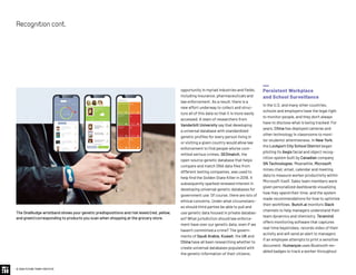 Persistent Workplace
and School Surveillance
In the U.S. and many other countries,
schools and employers have the legal right
to monitor people, and they don’t always
have to disclose what is being tracked. For
years, China has deployed cameras and
other technology in classrooms to moni-
tor students’ attentiveness. In New York,
the Lockport City School District began
piloting its Aegis facial and object recog-
nition system built by Canadian company
SN Technologies. Meanwhile, Microsoft
mines chat, email, calendar and meeting
data to measure worker productivity within
Microsoft itself. Sales team members were
given personalized dashboards visualizing
how they spend their time, and the system
made recommendations for how to optimize
their workflows. Bunch.ai monitors Slack
channels to help managers understand their
team dynamics and chemistry. Teramind
offers monitoring software that captures
real-time keystrokes, records video of their
activity and will send an alert to managers
if an employee attempts to print a sensitive
document. Humanyze uses Bluetooth-en-
abled badges to track a worker throughout
opportunity in myriad industries and fields,
including insurance, pharmaceuticals and
law enforcement. As a result, there is a
new effort underway to collect and struc-
ture all of this data so that it is more easily
accessed. A team of researchers from
Vanderbilt University say that developing
a universal database with standardized
genetic profiles for every person living in
or visiting a given country would allow law
enforcement to find people who’ve com-
mitted serious crimes. GEDmatch, the
open-source genetic database that helps
compare and match DNA data files from
different testing companies, was used to
help find the Golden State Killer in 2018. It
subsequently sparked renewed interest in
developing universal genetic databases for
government use. Of course, there are lots of
ethical concerns. Under what circumstanc-
es should third parties be able to pull and
use genetic data housed in private databas-
es? What jurisdiction should law enforce-
ment have over our genetic data, even if we
haven’t committed a crime? The govern-
ments of Saudi Arabia, Kuwait, the UK and
China have all been researching whether to
create universal databases populated with
the genetic information of their citizens.
© 2020 FUTURE TODAY INSTITUTE
Recognitioncont.
The DnaNudge wristband shows your genetic predispositions and risk levels (red, yellow,
and green) corresponding to products you scan when shopping at the grocery store.
 