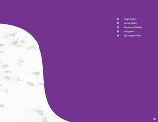 81	 Mixed Reality
82	 Virtual Reality
82	 Augmented Reality
83	 Holograms
83	 360-degree Video
79
 