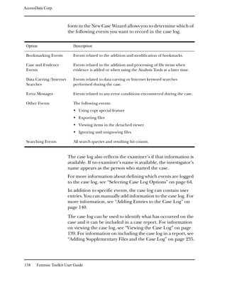 AccessData Corp.



                         form in the New Case Wizard allows you to determine which of
                         the following events you want to record in the case log.

 Option                     Description

 Bookmarking Events         Events related to the addition and modification of bookmarks.

 Case and Evidence          Events related to the addition and processing of file items when
 Events                     evidence is added or when using the Analysis Tools at a later time.

 Data Carving/Internet      Events related to data carving or Internet keyword searches
 Searches                   performed during the case.

 Error Messages             Events related to any error conditions encountered during the case.

 Other Events               The following events:
                               Using copy special feature
                               Exporting files
                               Viewing items in the detached viewer
                               Ignoring and unignoring files

 Searching Events           All search queries and resulting hit counts.


                         The case log also reflects the examiner’s if that information is
                         available. If no examiner’s name is available, the investigator’s
                         name appears as the person who started the case.
                         For more information about defining which events are logged
                         to the case log, see “Selecting Case Log Options” on page 64.
                         In addition to specific events, the case log can contain user
                         entries. You can manually add information to the case log. For
                         more information, see “Adding Entries to the Case Log” on
                         page 140.
                         The case log can be used to identify what has occurred on the
                         case and it can be included in a case report. For information
                         on viewing the case log, see “Viewing the Case Log” on page
                         139. For information on including the case log in a report, see
                         “Adding Supplementary Files and the Case Log” on page 235.




138    Forensic Toolkit User Guide
 