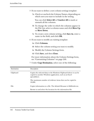 AccessData Corp.



                            5 If you want to define a new column settings template:
                                5a Check or uncheck the Column Names, depending on
                                      which ones you want to include in the setting.
                                      You can click Select All or Unselect All to mark or
                                      unmark all the columns.
                                5b To change the order in which the columns appear in
                                      the File List, select a column name and click Move Up
                                      or Move Down.
                                5c To create a new column setting, click Save As, enter a
                                      name in the field, and click OK.
                            6 If you want to modify an existing template:
                                6a Click Columns.
                                6b Select the column setting you want to modify.
                                6c Modify the Column Settings form.
                                6d Click Save, and then Close.
                               For more information about the Column Settings form,
                               see “Customizing Columns” on page 249.
                            7 Under Copy Destination, select one of the following:


 Destination                 Description

 Clipboard                   Copies the selected data to the Windows Clipboard where it can be
                             copied to another Windows application, such as an Excel
                             spreadsheet.

                             The maximum number of evidence items that can be copied is
                             10,000.

 File                        Copies information to a file. The default filename is ftkfileinfo.txt.

                             Browse to and select the location for the information file.




142     Forensic Toolkit User Guide
 