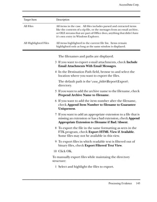 AccessData Corp.




Target Item               Description

All Files                 All items in the case. All files includes parsed and extracted items
                          like the contents of a zip file, or the messages from an email archive,
                          or OLE streams that are part of Office docs, anything that didn't have
                          it's own entry in Windows Explorer.

All Highlighted Files     All items highlighted in the current file list. Items remain
                          highlighted only as long as the same window is displayed.


                            The filenames and paths are displayed.
                         3 If you want to export e-mail attachments, check Include
                            Email Attachments With Email Messages.
                         4 In the Destination Path field, browse to and select the
                            location where you want to export the files.
                            The default path is the case_folderReportExport
                            directory.
                         5 If you want to add the archive name to the filename, check
                            Prepend Archive Name to filename.
                         6 If you want to add the item number after the filename,
                            check Append Item Number to filename to Guarantee
                            Uniqueness.
                         7 If you want to add an appropriate extension to a file that is
                            missing an extension or has a bad extension, check Append
                            Appropriate Extension to filename if Bad/Absent.
                         8 To export the file in the same formatting as seen in the
                            FTK program, check Export HTML View if Available.
                            Some files may not be available in this view.
                         9 To export files in which readable text is filtered out of
                            binary files, check Export Filtered Text View.
                        10 Click OK.
                        To manually export files while maintaing the directory
                        structure:
                         1 Select and highlight the files to export.




                                                                       Processing Evidence    145
 