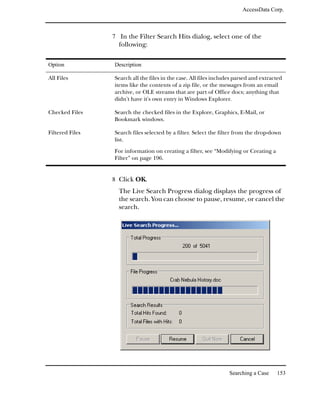 AccessData Corp.



                 7 In the Filter Search Hits dialog, select one of the
                   following:

Option           Description

All Files        Search all the files in the case. All files includes parsed and extracted
                 items like the contents of a zip file, or the messages from an email
                 archive, or OLE streams that are part of Office docs; anything that
                 didn't have it's own entry in Windows Explorer.

Checked Files    Search the checked files in the Explore, Graphics, E-Mail, or
                 Bookmark windows.

Filtered Files   Search files selected by a filter. Select the filter from the drop-down
                 list.

                 For information on creating a filter, see “Modifying or Creating a
                 Filter” on page 196.


                 8 Click OK.
                   The Live Search Progress dialog displays the progress of
                   the search. You can choose to pause, resume, or cancel the
                   search.




                                                                   Searching a Case    153
 