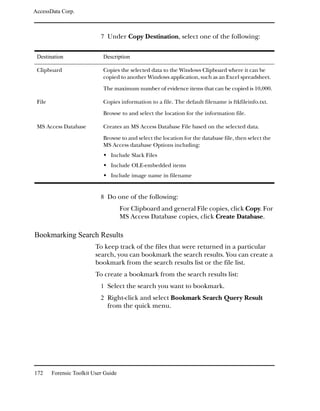 AccessData Corp.



                            7 Under Copy Destination, select one of the following:


 Destination                 Description

 Clipboard                   Copies the selected data to the Windows Clipboard where it can be
                             copied to another Windows application, such as an Excel spreadsheet.

                             The maximum number of evidence items that can be copied is 10,000.

 File                        Copies information to a file. The default filename is ftkfileinfo.txt.

                             Browse to and select the location for the information file.

 MS Access Database          Creates an MS Access Database File based on the selected data.

                             Browse to and select the location for the database file, then select the
                             MS Access database Options including:
                                Include Slack Files
                                Include OLE-embedded items
                                Include image name in filename


                            8 Do one of the following:
                                      For Clipboard and general File copies, click Copy. For
                                      MS Access Database copies, click Create Database.

Bookmarking Search Results
                          To keep track of the files that were returned in a particular
                          search, you can bookmark the search results. You can create a
                          bookmark from the search results list or the file list.
                          To create a bookmark from the search results list:
                            1 Select the search you want to bookmark.
                            2 Right-click and select Bookmark Search Query Result
                               from the quick menu.




172     Forensic Toolkit User Guide
 