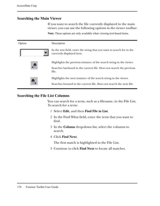 AccessData Corp.



Searching the Main Viewer
                         If you want to search the file currently displayed in the main
                         viewer, you can use the following options in the viewer toolbar:
                         Note: These options are only available when viewing text-based items.


 Option                     Description

                            In the text field, enter the string that you want to search for in the
                            currently displayed item.


                            Highlights the previous instance of the search string in the viewer.

                            Searches backward in the current file. Does not search the previous
                            file.

                            Highlights the next instance of the search string in the viewer.

                            Searches forward in the current file. Does not search the next file.



Searching the File List Columns
                         You can search for a term, such as a filename, in the File List.
                         To search for a term:
                           1 Select Edit, and then Find File in List.
                           2 In the Find What field, enter the term that you want to
                              find.
                           3 In the Column drop-down list, select the columns to
                              search.
                           4 Click Find Next.
                              The first match is highlighted in the File List.
                           5 Continue to click Find Next to locate all matches.




176    Forensic Toolkit User Guide
 