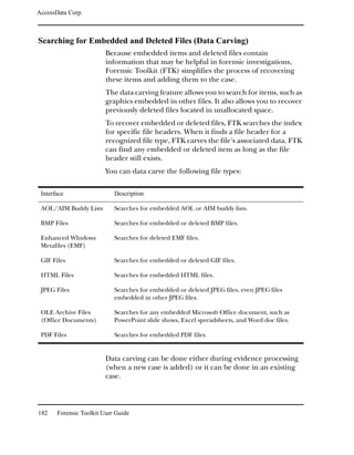 AccessData Corp.



Searching for Embedded and Deleted Files (Data Carving)
                         Because embedded items and deleted files contain
                         information that may be helpful in forensic investigations,
                         Forensic Toolkit (FTK) simplifies the process of recovering
                         these items and adding them to the case.
                         The data carving feature allows you to search for items, such as
                         graphics embedded in other files. It also allows you to recover
                         previously deleted files located in unallocated space.
                         To recover embedded or deleted files, FTK searches the index
                         for specific file headers. When it finds a file header for a
                         recognized file type, FTK carves the file’s associated data. FTK
                         can find any embedded or deleted item as long as the file
                         header still exists.
                         You can data carve the following file types:

 Interface                  Description

 AOL/AIM Buddy Lists        Searches for embedded AOL or AIM buddy lists.

 BMP Files                  Searches for embedded or deleted BMP files.

 Enhanced WIndows           Searches for deleted EMF files.
 Metafiles (EMF)

 GIF Files                  Searches for embedded or deleted GIF files.

 HTML Files                 Searches for embedded HTML files.

 JPEG Files                 Searches for embedded or deleted JPEG files, even JPEG files
                            embedded in other JPEG files.

 OLE Archive Files          Searches for any embedded Microsoft Office document, such as
 (Office Documents)         PowerPoint slide shows, Excel spreadsheets, and Word doc files.

 PDF Files                  Searches for embedded PDF files.


                         Data carving can be done either during evidence processing
                         (when a new case is added) or it can be done in an existing
                         case.



182    Forensic Toolkit User Guide
 