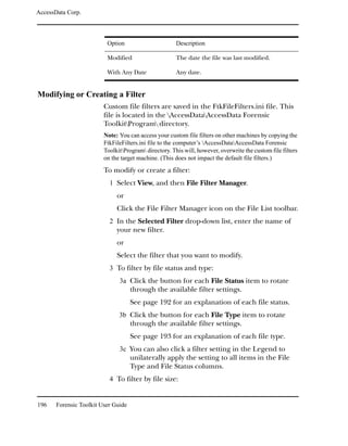 AccessData Corp.



                          Option                       Description

                          Modified                     The date the file was last modified.

                          With Any Date                Any date.


Modifying or Creating a Filter
                         Custom file filters are saved in the FtkFileFilters.ini file. This
                         file is located in the AccessDataAccessData Forensic
                         ToolkitProgram directory.
                         Note: You can access your custom file filters on other machines by copying the
                         FtkFileFilters.ini file to the computer’s AccessDataAccessData Forensic
                         ToolkitProgram directory. This will, however, overwrite the custom file filters
                         on the target machine. (This does not impact the default file filters.)
                         To modify or create a filter:
                           1 Select View, and then File Filter Manager.
                              or
                              Click the File Filter Manager icon on the File List toolbar.
                           2 In the Selected Filter drop-down list, enter the name of
                              your new filter.
                              or
                              Select the filter that you want to modify.
                           3 To filter by file status and type:
                               3a Click the button for each File Status item to rotate
                                     through the available filter settings.
                                     See page 192 for an explanation of each file status.
                               3b Click the button for each File Type item to rotate
                                     through the available filter settings.
                                     See page 193 for an explanation of each file type.
                               3c You can also click a filter setting in the Legend to
                                     unilaterally apply the setting to all items in the File
                                     Type and File Status columns.
                           4 To filter by file size:


196    Forensic Toolkit User Guide
 