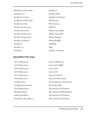 AccessData Corp.



WordPerfect 8 Mac (Enh)      WordStar 7

WordPerfect 9                WordStar 2000

WordPerfect 9 (Enh)          WordStar for Windows

WordPerfect 9 Mac (Enh)      WPF Encrypt

WordPerfect 9 Mac            WPF Unknown

WordPerfect Document         WPS Plus

Word Pro Document            WWrite ChineseBig5

Word Pro 96 Document         WWrite ChineseGB

Word Pro 97 Document         WWrite Hangeul

WordStar 4 and lower         WWrite Shift-JIS

WordStar 5                   XHTMLB

WordStar 5.5                 XML

WordStar 6                   XyWrite / Nota Bene


Spreadsheet File Types

1-2-3 1.A Document           Generic WKS format

1-2-3 2.0 Document           Lotus 1-2-3 2 (FRM)

1-2-3 2.01 Document          Lotus 1-2-3 6

1-2-3 3.0 Document           Lotus 1-2-3 9

1-2-3 4.0 Document           Lotus 1-2-3 OS/2 2

1-2-3 97 Document            Lotus 1-2-3 OS/2 Chart

1-2-3 Document               Lotus Symphony 1.0 Document

1-2-3 Japanese Document      Mac Works 2 (SS)

1-2-3 Seal Document          Microsoft Excel 2 Worksheet

CEO Spreadsheet              Microsoft Excel 2000 Worksheet

Enable SpreadSheet           Microsoft Excel 3 Workbook

First Choice (Spreadsheet)   Microsoft Excel 3 Worksheet




                                             FTK Recognized File Types   285
 