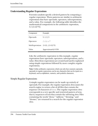 AccessData Corp.



Understanding Regular Expressions
                         Forensics analysts specify a desired pattern by composing a
                         regular expression. These patterns are similar to arithmetic
                         expressions that have operands, operators, sub-expressions,
                         and a value. For example, the following table identifies the
                         mathematical components in the arithmetic expression,
                         5/((1+2)*3):

                        Component           Example

                        Operands            5, 1, 2, 3

                        Operators           /, ( ), +, *

                        Sub-Expressions (1+2), ((1+2)*3)

                        Value               Approximately 0.556


                         Like the arithmetic expression in this example, regular
                         expressions have operands, operators, sub-expressions, and a
                         value. How these expressions are created and used is explained
                         using simple expressions followed by more complex regular
                         expressions.
                         Note: Unlike arithmetic expressions which can only have numeric operands,
                         operands in regular expressions can be any characters that can be typed on a
                         keyboard, such as alphabetic, numeric, and symbolic characters.


Simple Regular Expressions
                         A simple regular expression can be made up entirely of
                         operands. For example, the regular expression dress causes the
                         search engine to return a list of all files that contain the
                         sequence of characters d r e s s. The regular expression dress
                         corresponds to a very specific and restricted pattern of text,
                         that is, sequences of text that contain the sub-string dress. Files
                         containing the words “dress,” “address,” “dressing,” and
                         “dresser,” are returned in a search for the regular expression
                         dress.




296    Forensic Toolkit User Guide
 