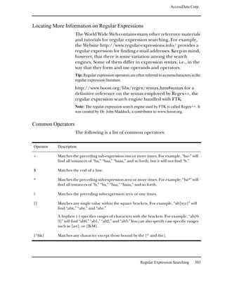 AccessData Corp.



Locating More Information on Regular Expressions
                     The World Wide Web contains many other reference materials
                     and tutorials for regular expression searching. For example,
                     the Website http://www.regular-expressions.info/ provides a
                     regular expression for finding e-mail addresses. Keep in mind,
                     however, that there is some variation among the search
                     engines. Some of them differ in expression syntax, i.e., in the
                     way that they form and use operands and operators.
                     Tip: Regular expression operators are often referred to as metacharacters in the
                     regular expression literature.
                     http://www.boost.org/libs/regex/syntax.htm#syntax for a
                     definitive reference on the syntax employed by Regex++, the
                     regular expression search engine bundled with FTK.
                     Note: The regular expression search engine used by FTK is called Regex++. It
                     was created by Dr. John Maddock, a contributor to www.boost.org.


Common Operators
                     The following is a list of common operators:


Operator   Description

+          Matches the preceding sub-expression one or more times. For example, “ba+” will
           find all instances of “ba,” “baa,” “baaa,” and so forth; but it will not find “b.”

$          Matches the end of a line.

*          Matches the preceding sub-expression zero or more times. For example, “ba*” will
           find all instances of “b,” “ba,” “baa,” “baaa,” and so forth.

?          Matches the preceding sub-expression zero or one times.

[]         Matches any single value within the square brackets. For example, “ab[xyz]” will
           find “abx,” “aby,” and “abz.”

           A hyphen (-) specifies ranges of characters with the brackets. For example, “ab[0-
           3]” will find “ab0,” “ab1,” “ab2,” and “ab3.” You can also specify case specific ranges
           such as [a-r], or [B-M].

[^ftk]     Matches any character except those bound by the [^ and the].




                                                              Regular Expression Searching       303
 