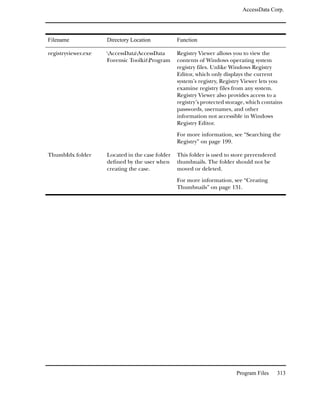 AccessData Corp.




Filename             Directory Location           Function

registryviewer.exe   AccessDataAccessData       Registry Viewer allows you to view the
                     Forensic ToolkitProgram     contents of Windows operating system
                                                  registry files. Unlike Windows Registry
                                                  Editor, which only displays the current
                                                  system’s registry, Registry Viewer lets you
                                                  examine registry files from any system.
                                                  Registry Viewer also provides access to a
                                                  registry’s protected storage, which contains
                                                  passwords, usernames, and other
                                                  information not accessible in Windows
                                                  Registry Editor.

                                                  For more information, see “Searching the
                                                  Registry” on page 199.

ThumbIdx folder      Located in the case folder   This folder is used to store prerendered
                     defined by the user when     thumbnails. The folder should not be
                     creating the case.           moved or deleted.

                                                  For more information, see “Creating
                                                  Thumbnails” on page 131.




                                                                          Program Files      313
 