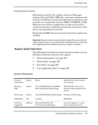 AccessData Corp.



Seizing Windows Systems

                       Information stored in the registry—Internet Messenger
                       sessions, Microsoft Office MRU lists, usernames and passwords
                       for Internet Websites accessed through Internet Explorer, and
                       so forth—are temporarily stored in HKEY_CURRENT_USER.
                       When the user closes an application or logs out, the hive’s
                       cached information is pulled out of memory and written to the
                       user’s corresponding User.dat file.
                       Passwords and MRU lists are not saved unless these options are
                       enabled.

                       Important: Because normal seizure procedures require that you not alter the
                       suspect machine in any way, you must be able to articulate why you closed any
                       active applications before pulling the plug on the suspect’s computer.

Registry Quick Find Chart
                       The following charts discuss common locations where you can
                       find data of forensic interest in the registry.
                            “System Information” on page 325
                            “Networking” on page 327
                            “User Data” on page 328
                            “User Application Data” on page 329

System Information

Current       System      Select                                  Identifies the which control
Control Set                                                       set is current.

Dynamic       System      ControlSetXXXServicesDMIO            Identified the most recent
Disk                      Boot InfoPrimary Disk Group            dynamic disk mounted in the
                                                                  system.

Event Logs    System      ControlSetXXXServicesEventlog         Location of Event logs.

Information   File        Location                                Description

Last User     Software    MicrosoftWindows NT                   Last user logged in - can be
Logged In                 CurrentVersionWinlogon                 local or domain account.



                                                       Securing Windows Registry Evidence        325
 
