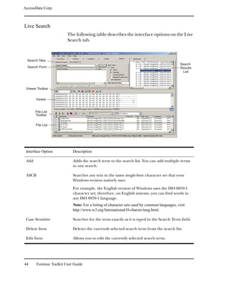 AccessData Corp.



Live Search
                         The following table describes the interface options on the Live
                         Search tab.



  Search Tabs
                                                                                              Search
  Search Form                                                                                 Results
                                                                                                List




 Viewer Toolbar


       Viewer


       File List
       Toolbar

       File List




 Interface Option           Description

 Add                        Adds the search term to the search list. You can add multiple terms
                            to one search.

 ASCII                      Searches any text in the same single-byte character set that your
                            Windows version natively uses.

                            For example, the English version of Windows uses the ISO 8859-1
                            character set; therefore, on English systems, you can find words in
                            any ISO 8859-1 language.
                            Note: For a listing of character sets used by common languages, visit
                            http://www.w3.org/International/O-charset-lang.html.

 Case Sensitive             Searches for the term exactly as it is typed in the Search Term field.

 Delete Item                Deletes the currently selected search term from the search list.

 Edit Item                  Allows you to edit the currently selected search term.




44     Forensic Toolkit User Guide
 