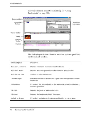 AccessData Corp.



                           more information about bookmarking, see “Using
                           Bookmarks” on page 128.


     Bookmark List

       Bookmark                                                                           Bookmark
        Toolbar                                                                          Information




 Viewer Toolbar

          Viewer

         File List
         Toolbar
         File List




                           The following table describes the interface options specific to
                           the Bookmark window.

 Interface Option             Description

 Bookmark Comment             Displays comments included with a bookmark.

 Bookmark Name                Displays the name given to a bookmark when it was created.

 Bookmarked Files             Number of bookmarked files.

 Clear Changes                Resets the Include in Report and Export Files settings in the current
                              bookmark.

 Export Files                 If checked, the files included in the bookmark are exported when a
                              report is generated.

 File Path                    Displays the paths of bookmarked files.

 Filename                     Displays the bookmarked files’ filenames.

 Include in Report            If checked, includes the bookmark and its files in case reports.




46       Forensic Toolkit User Guide
 
