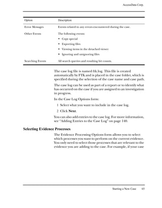 AccessData Corp.




Option               Description

Error Messages       Events related to any errors encountered during the case.

Other Events         The following events:
                        Copy special
                        Exporting files
                        Viewing items in the detached viewer
                        Ignoring and unignoring files

Searching Events     All search queries and resulting hit counts.


                   The case log file is named ftk.log. This file is created
                   automatically by FTK and is placed in the case folder, which is
                   specified during the selection of the case name and case path.
                   The case log can be used as part of a report or to identify what
                   has occurred on the case if you are assigned to an investigation
                   in progress.
                   In the Case Log Options form:
                    1 Select what you want to include in the case log.
                    2 Click Next.
                   You can also add entries to the case log. For more information,
                   see “Adding Entries to the Case Log” on page 140.

Selecting Evidence Processes
                   The Evidence Processing Options form allows you to select
                   which processes you want to perform on the current evidence.
                   You only need to select those processes that are relevant to the
                   evidence you are adding to the case. For example, if your case




                                                                    Starting a New Case   65
 