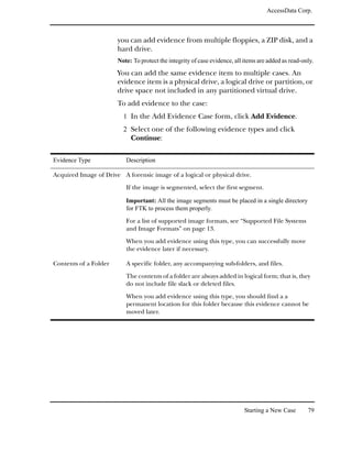 AccessData Corp.



                       you can add evidence from multiple floppies, a ZIP disk, and a
                       hard drive.
                       Note: To protect the integrity of case evidence, all items are added as read-only.

                       You can add the same evidence item to multiple cases. An
                       evidence item is a physical drive, a logical drive or partition, or
                       drive space not included in any partitioned virtual drive.
                       To add evidence to the case:
                         1 In the Add Evidence Case form, click Add Evidence.
                         2 Select one of the following evidence types and click
                            Continue:

Evidence Type             Description

Acquired Image of Drive A forensic image of a logical or physical drive.

                          If the image is segmented, select the first segment.

                          Important: All the image segments must be placed in a single directory
                          for FTK to process them properly.

                          For a list of supported image formats, see “Supported File Systems
                          and Image Formats” on page 13.

                          When you add evidence using this type, you can successfully move
                          the evidence later if necessary.

Contents of a Folder      A specific folder, any accompanying sub-folders, and files.

                          The contents of a folder are always added in logical form; that is, they
                          do not include file slack or deleted files.
                          When you add evidence using this type, you should find a a
                          permanent location for this folder because this evidence cannot be
                          moved later.




                                                                            Starting a New Case       79
 
