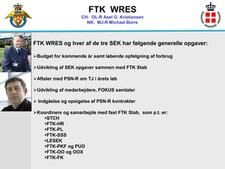 FTK WRES
                    CH: OL-R Axel G. Kristiansen
                      NK: MJ-R Michael Borre



FTK WRES og hver af de tre SEK har følgende generelle opgaver:

Budget for kommende år samt løbende opfølgning af forbrug

Udvikling af SEK opgaver sammen med FTK Stab

Aftaler med PSN-R om TJ i årets løb

Udvikling af medarbejdere, FOKUS samtaler

 Indgåelse og opsigelse af PSN-R kontrakter

Koordinere og samarbejde med fast FTK Stab, som p.t. er:
   STCH
   FTK-HR
   FTK-PL
   FTK-SSS
   LESEK
   FTK-PKF og PUO
   FTK-OO og OOX
   FTK-FK
 