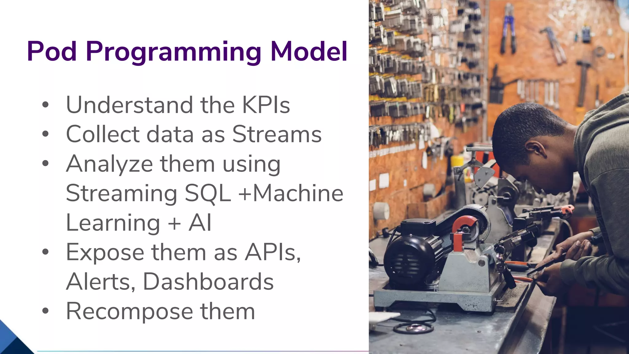 • Understand the KPIs
• Collect data as Streams
• Analyze them using
Streaming SQL +Machine
Learning + AI
• Expose them as APIs,
Alerts, Dashboards
• Recompose them
Pod Programming Model
14
 