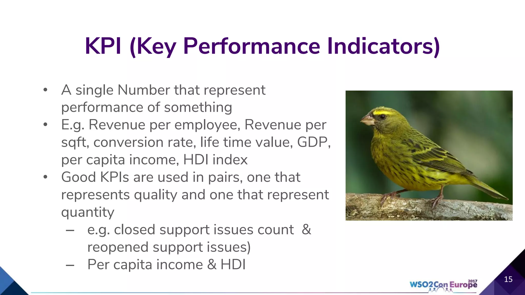 • A single Number that represent
performance of something
• E.g. Revenue per employee, Revenue per
sqft, conversion rate, life time value, GDP,
per capita income, HDI index
• Good KPIs are used in pairs, one that
represents quality and one that represent
quantity
– e.g. closed support issues count &
reopened support issues)
– Per capita income & HDI
KPI (Key Performance Indicators)
15
 