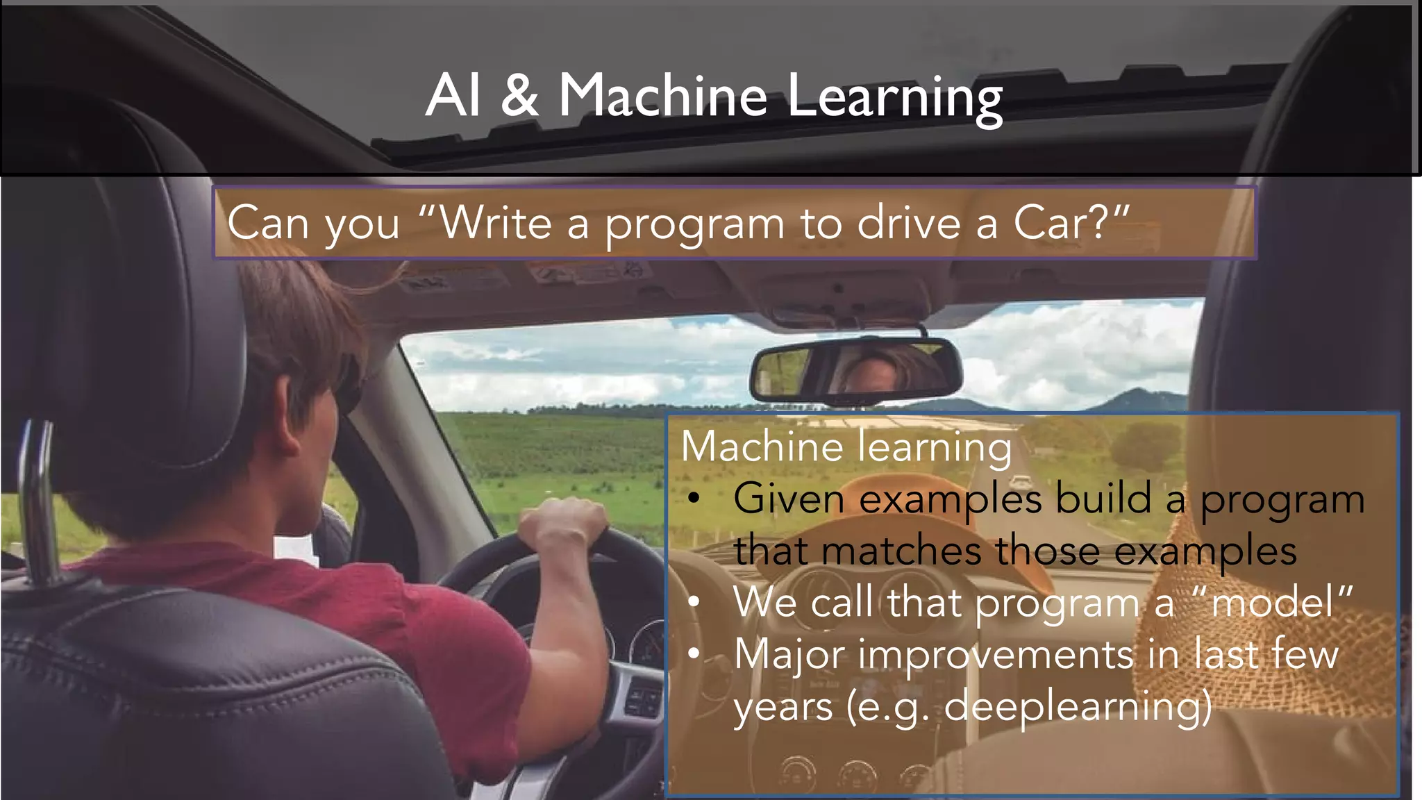 Machine learning
• Given examples build a program
that matches those examples
• We call that program a “model”
• Major improvements in last few
years (e.g. deeplearning)
Can you “Write a program to drive a Car?”
AI & Machine Learning
 