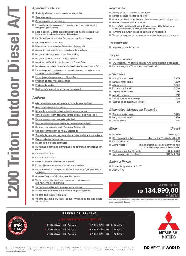 Ficha técnica Mitsubishi L200 Triton Outdoor Diesel 4x4 AT